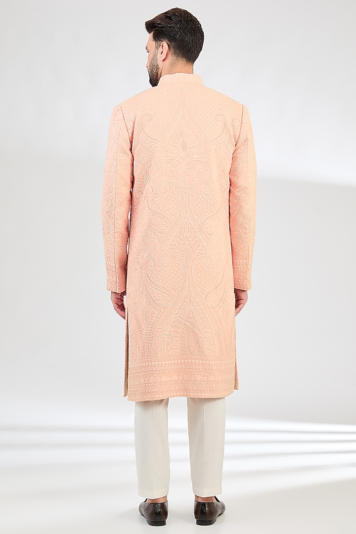 Peach Silk Kashmiri Embroidered Wedding Sherwani by Kasbah Clothing at Pernia's Pop Up Shop