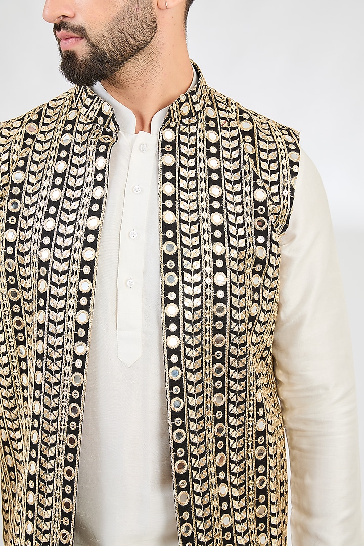 Black Georgette Mirror & Zari Work Open Indowestern Jacket by Kasbah Clothing at Pernia's Pop Up Shop