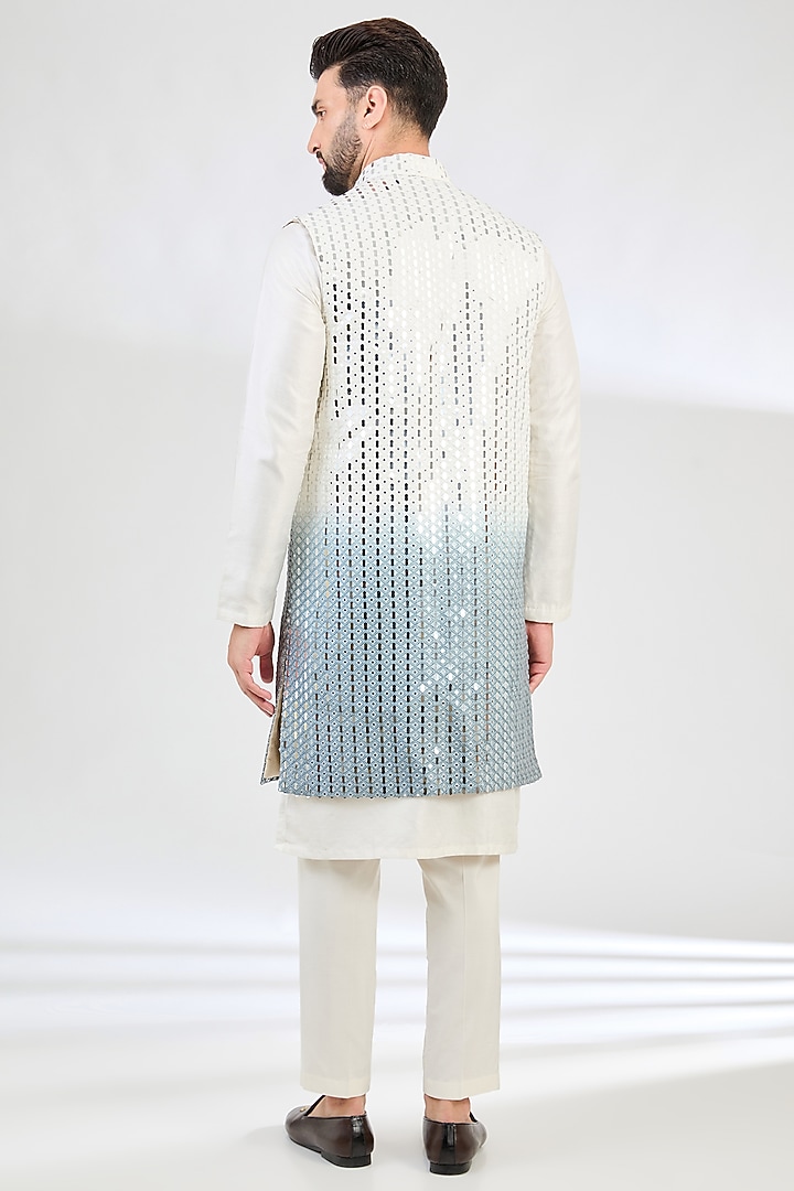Cream & Grey Ombre Silk Mirror Embroidered Open Indowestern Jacket by Kasbah Clothing at Pernia's Pop Up Shop