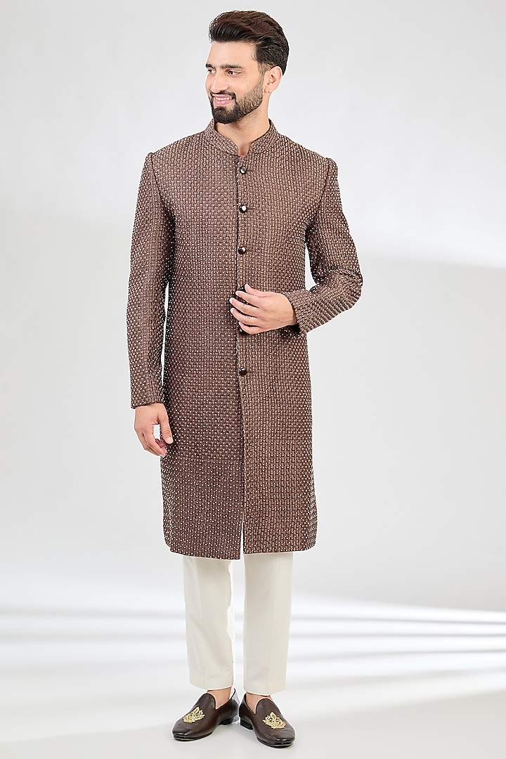 Mauve-Taupe Silk Cutdana Embroidered Sherwani by Kasbah Clothing