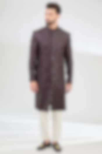 Wine Silk Sequins Work Chikankari Sherwani by Kasbah Clothing