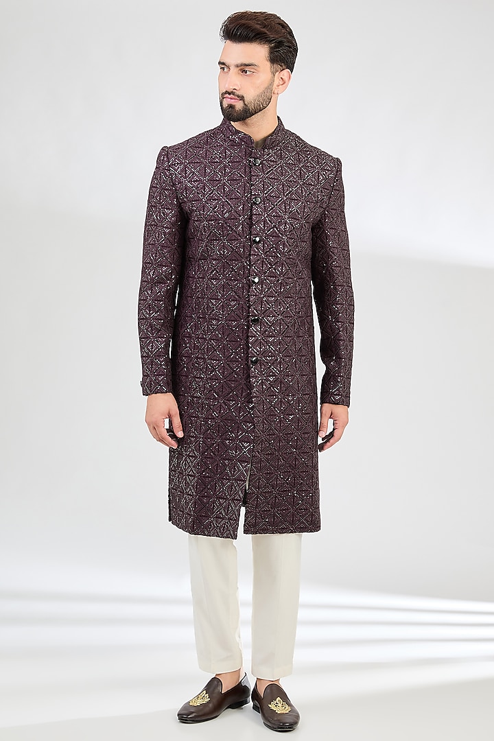 Wine Silk Sequins Work Chikankari Sherwani by Kasbah Clothing