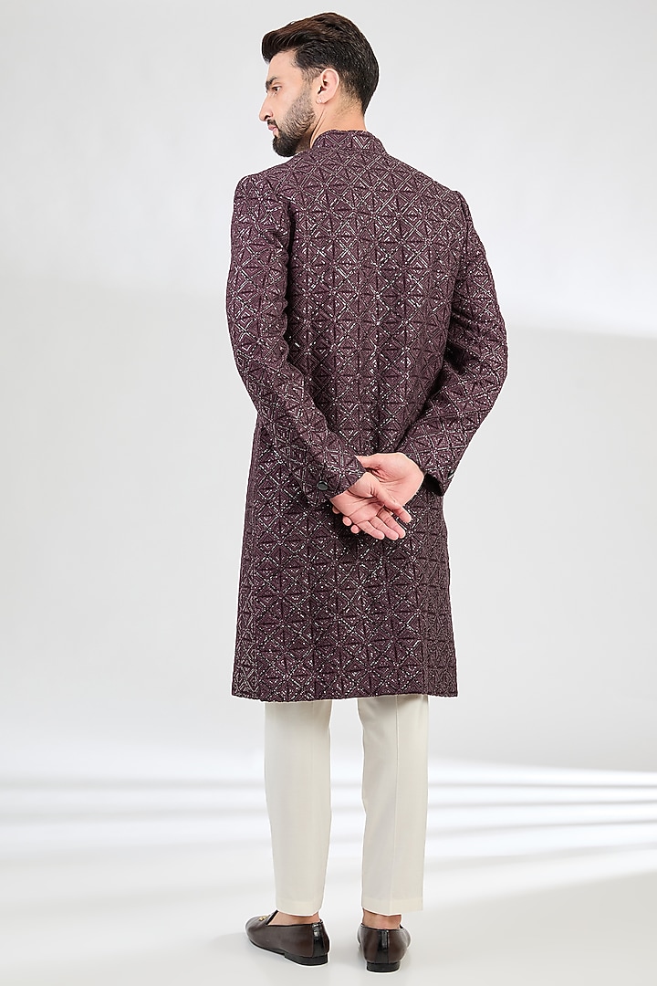 Wine Silk Sequins Work Chikankari Wedding Sherwani by Kasbah Clothing at Pernia's Pop Up Shop