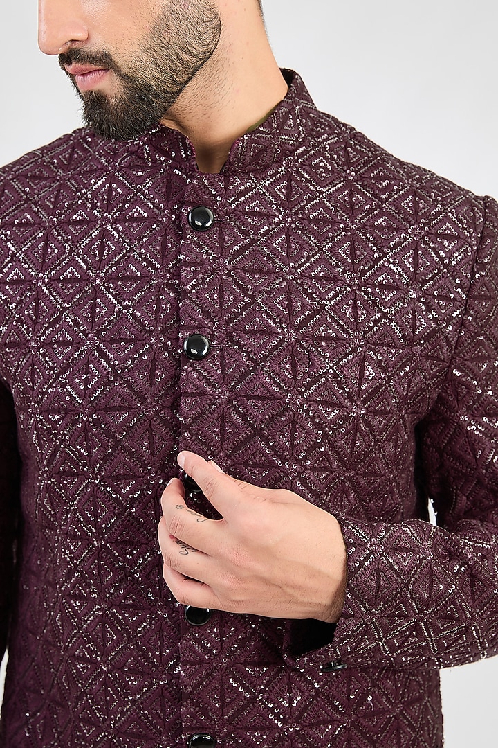 Wine Silk Sequins Work Chikankari Wedding Sherwani by Kasbah Clothing at Pernia's Pop Up Shop