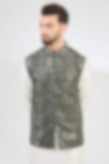 Military Green Silk Mirror Work Nehru Jacket by Kasbah Clothing