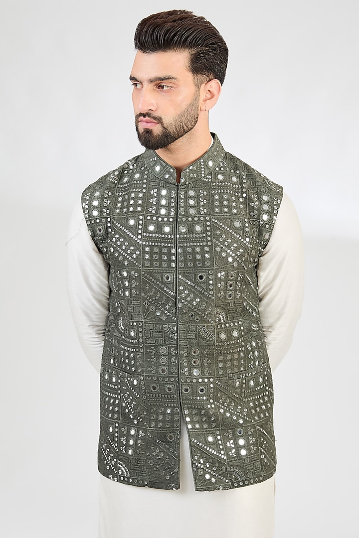 Military Green Silk Mirror Work Nehru Jacket by Kasbah Clothing