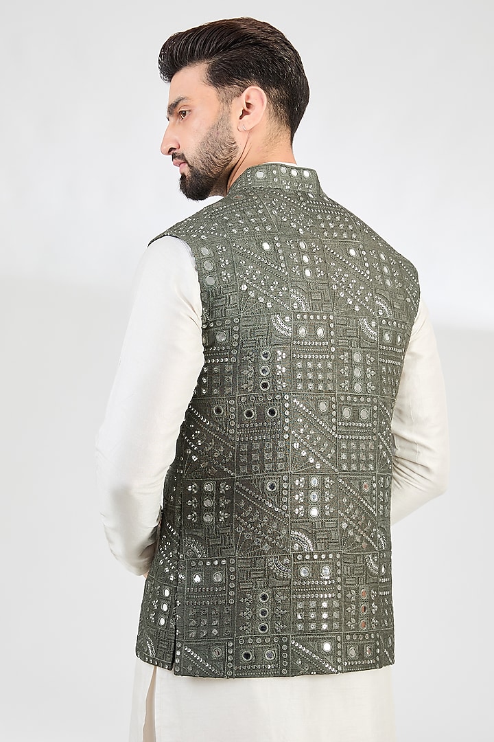 Military Green Silk Mirror Work Nehru Jacket by Kasbah Clothing at Pernia's Pop Up Shop
