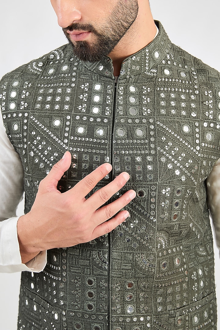 Military Green Silk Mirror Work Nehru Jacket by Kasbah Clothing at Pernia's Pop Up Shop