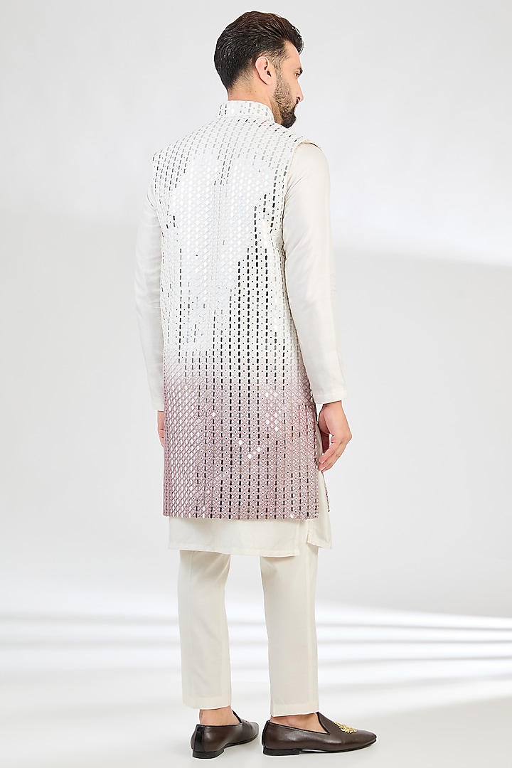 Cream & Mauve-Taupe Ombre Silk Mirror Embroidered Open Indowestern Jacket by Kasbah Clothing at Pernia's Pop Up Shop