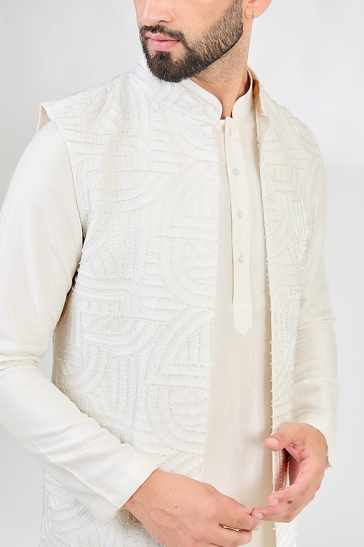 Ivory Silk Cutdana Embroidered Open Wedding Indowestern Jacket by Kasbah Clothing at Pernia's Pop Up Shop