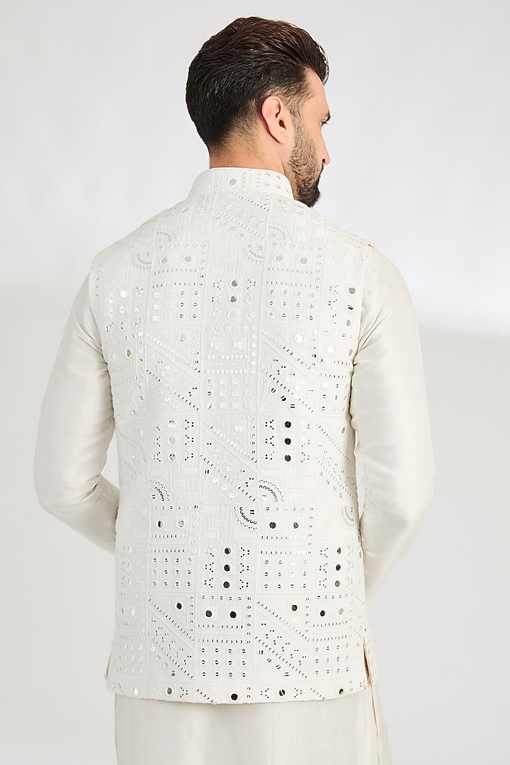 Ivory Silk Mirror Work Nehru Jacket by Kasbah Clothing at Pernia's Pop Up Shop