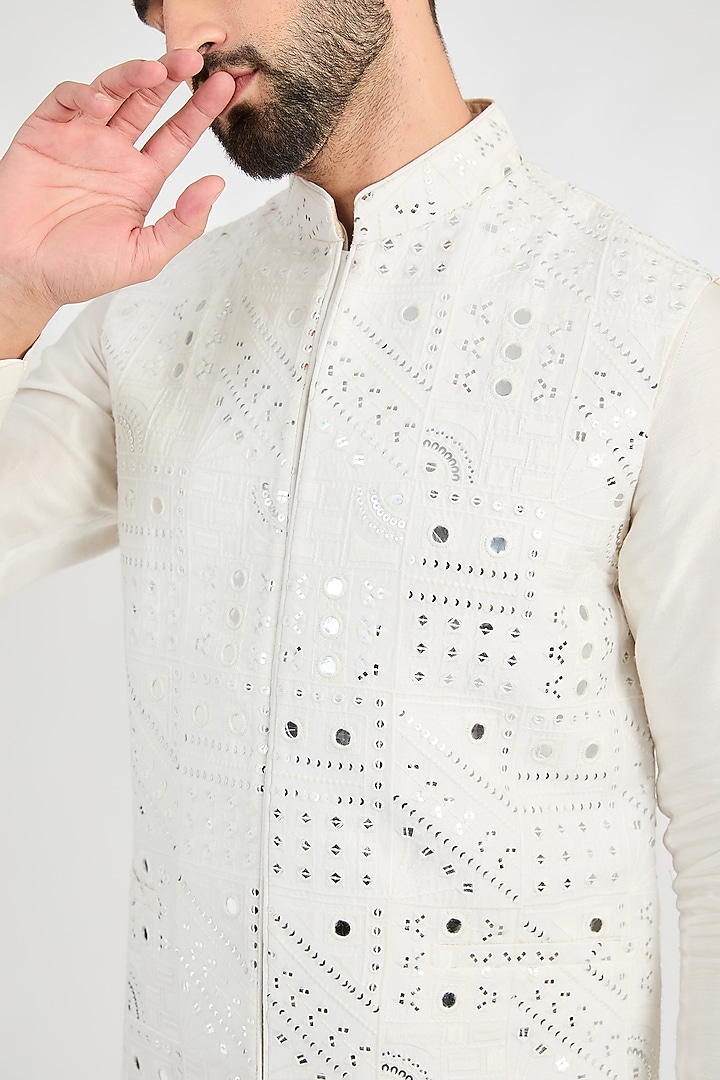 Ivory Silk Mirror Work Nehru Jacket by Kasbah Clothing at Pernia's Pop Up Shop