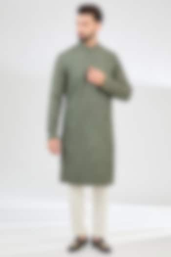 Military Green Silk Thread Work Chikankari Kurta by Kasbah Clothing