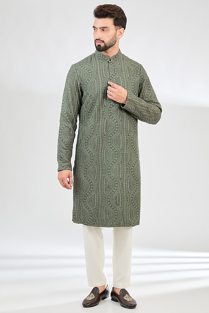 Military Green Silk Thread Work Chikankari Kurta by Kasbah Clothing