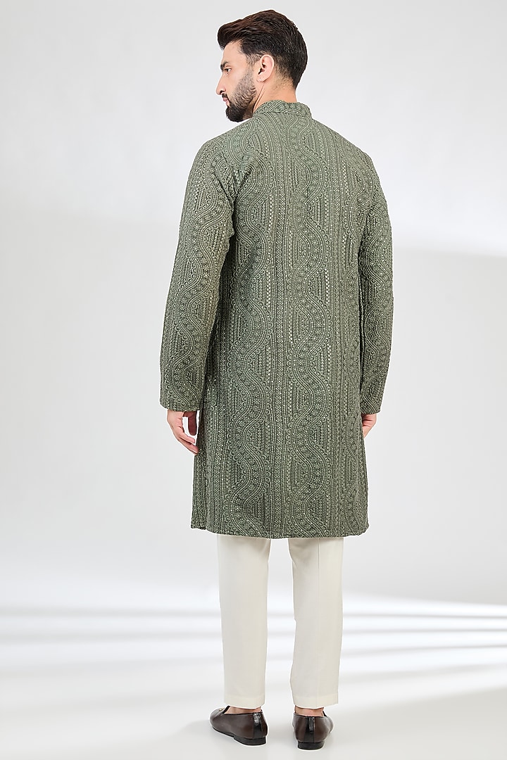 Military Green Silk Thread Work Chikankari Kurta by Kasbah Clothing at Pernia's Pop Up Shop