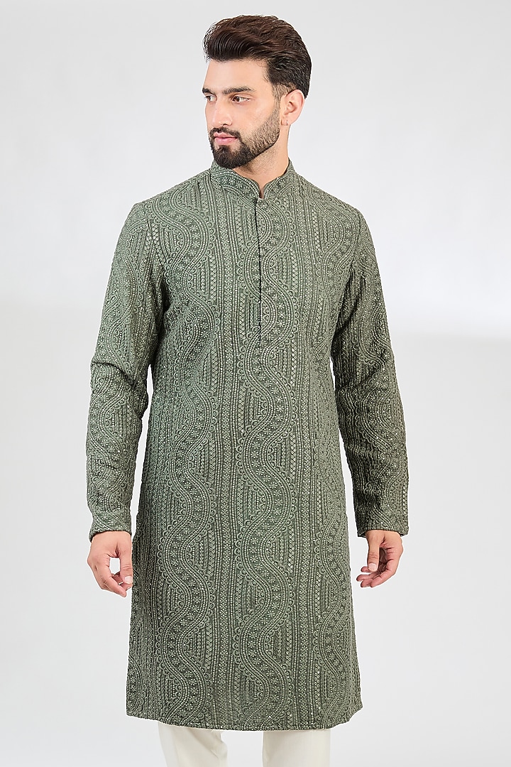 Military Green Silk Thread Work Chikankari Kurta by Kasbah Clothing at Pernia's Pop Up Shop