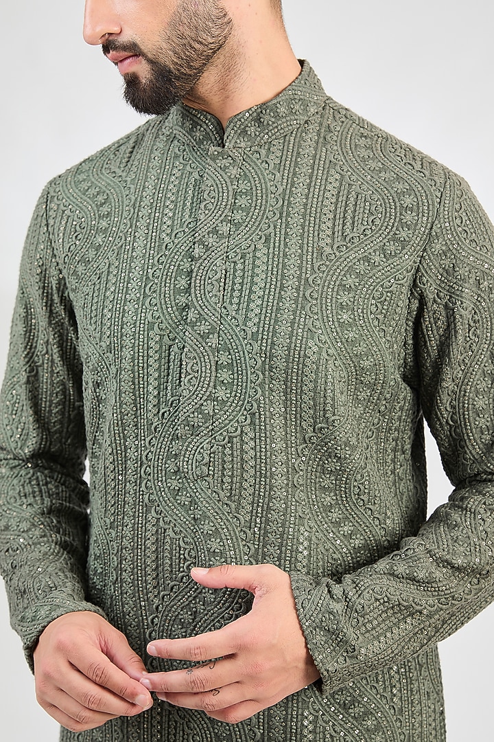 Military Green Silk Thread Work Chikankari Kurta by Kasbah Clothing at Pernia's Pop Up Shop
