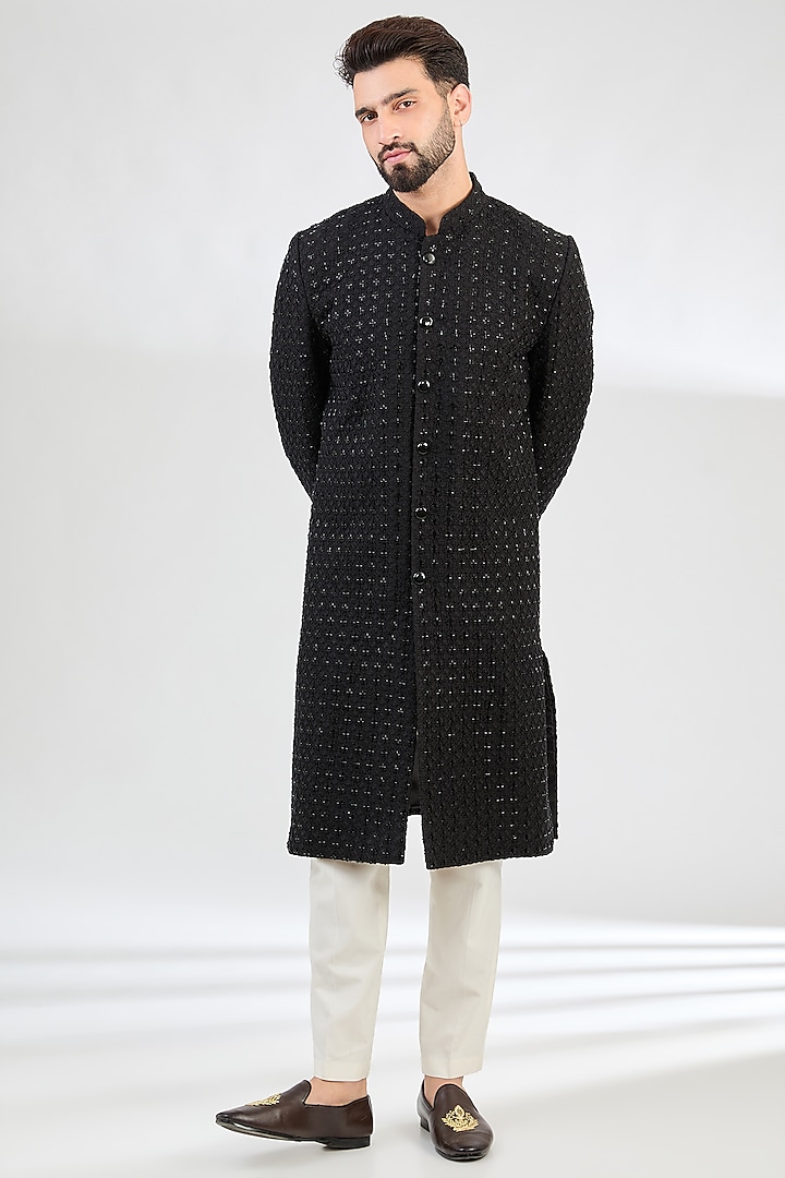 Black Silk Cutdana Embroidered Sherwani by Kasbah Clothing