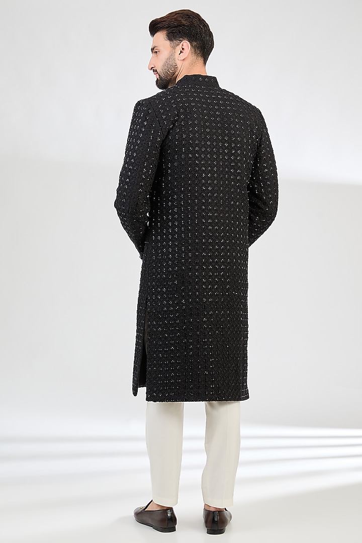 Black Silk Cutdana Embroidered Wedding Sherwani by Kasbah Clothing at Pernia's Pop Up Shop
