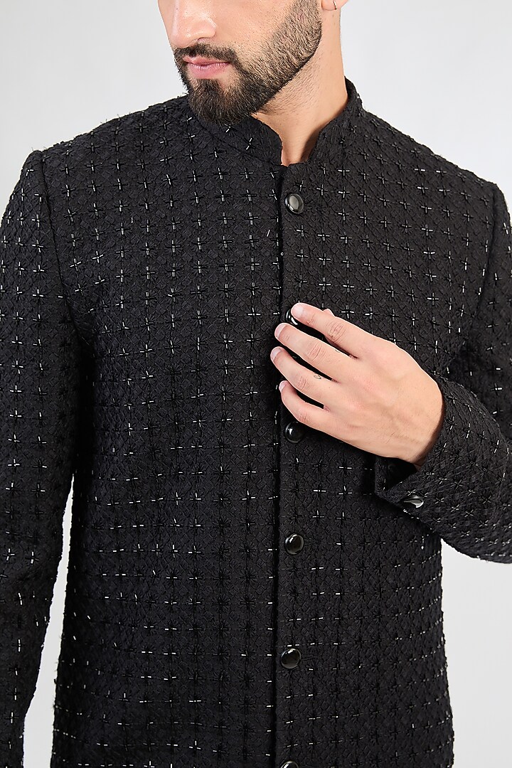 Black Silk Cutdana Embroidered Wedding Sherwani by Kasbah Clothing at Pernia's Pop Up Shop