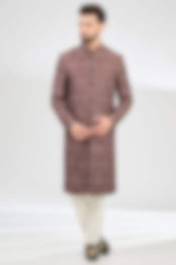 Mauve-Taupe Silk Thread Work Sherwani by Kasbah Clothing