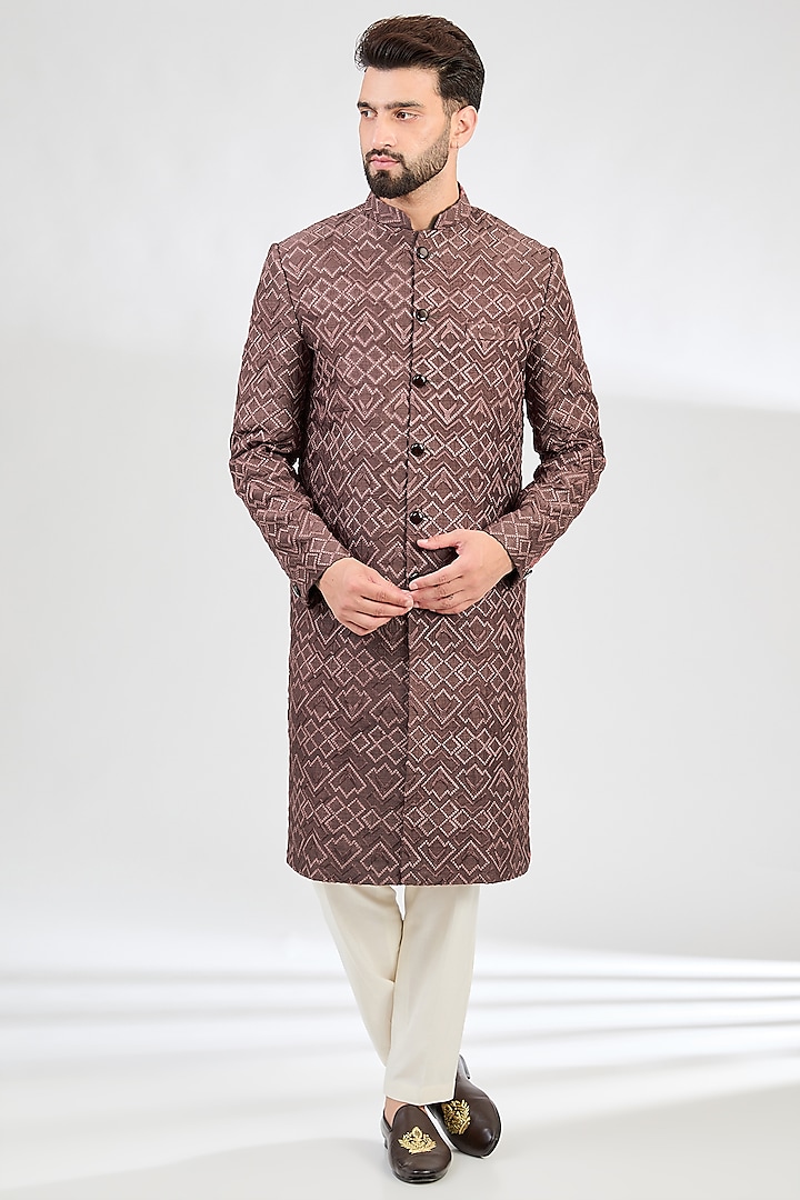 Mauve-Taupe Silk Thread Work Sherwani by Kasbah Clothing