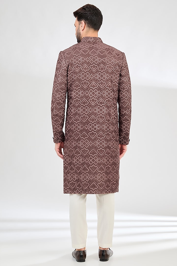 Mauve-Taupe Silk Thread Work Wedding Sherwani by Kasbah Clothing at Pernia's Pop Up Shop