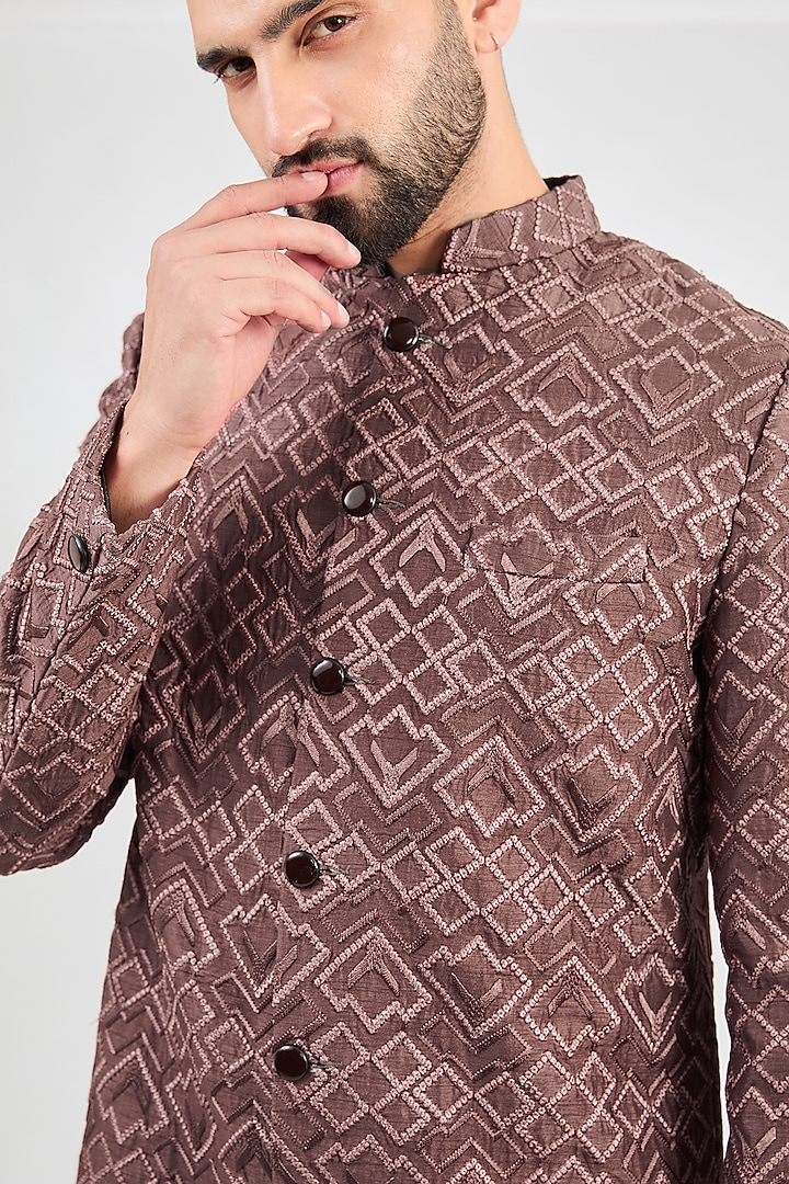 Mauve-Taupe Silk Thread Work Wedding Sherwani by Kasbah Clothing at Pernia's Pop Up Shop