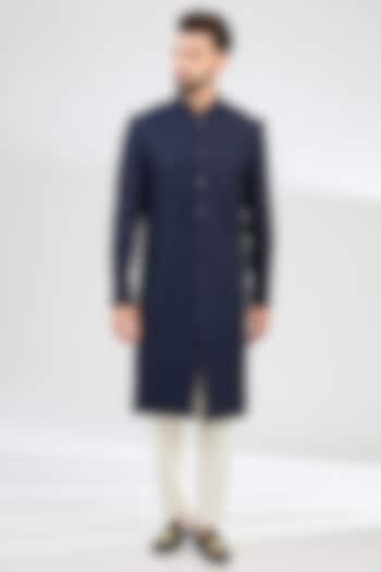 Navy Blue Silk Cutdana Embroidered Sherwani by Kasbah Clothing