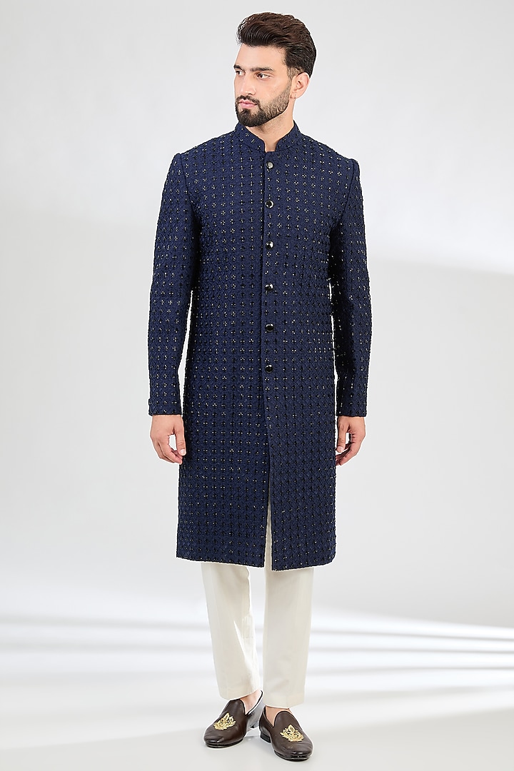 Navy Blue Silk Cutdana Embroidered Sherwani by Kasbah Clothing