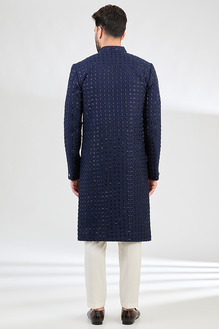 Navy Blue Silk Cutdana Embroidered Wedding Sherwani by Kasbah Clothing at Pernia's Pop Up Shop