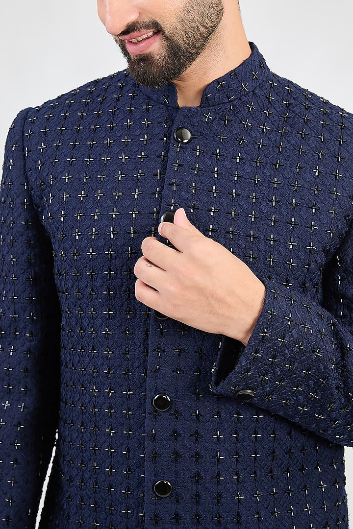 Navy Blue Silk Cutdana Embroidered Wedding Sherwani by Kasbah Clothing at Pernia's Pop Up Shop