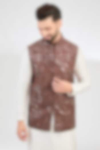 Mauve-Taupe Silk Mirror Work Nehru Jacket by Kasbah Clothing