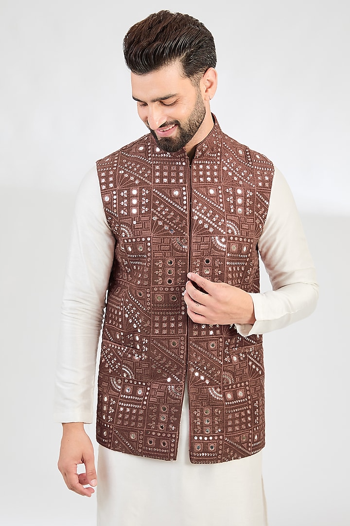 Mauve-Taupe Silk Mirror Work Nehru Jacket by Kasbah Clothing