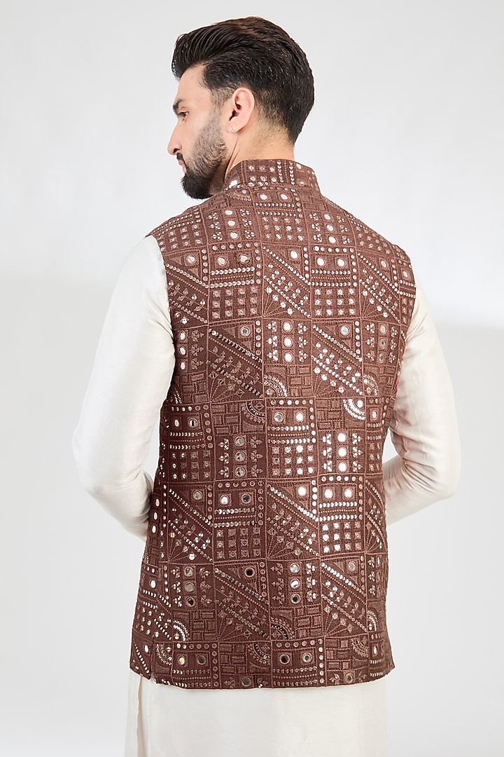 Mauve-Taupe Silk Mirror Work Nehru Jacket by Kasbah Clothing at Pernia's Pop Up Shop