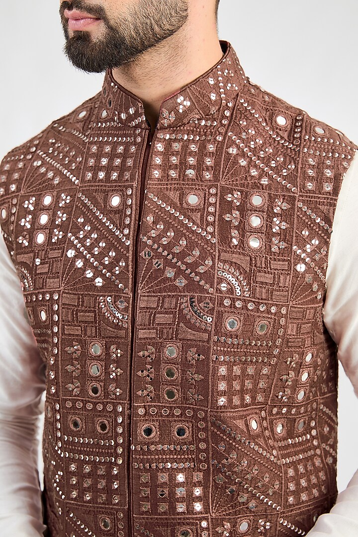 Mauve-Taupe Silk Mirror Work Nehru Jacket by Kasbah Clothing at Pernia's Pop Up Shop