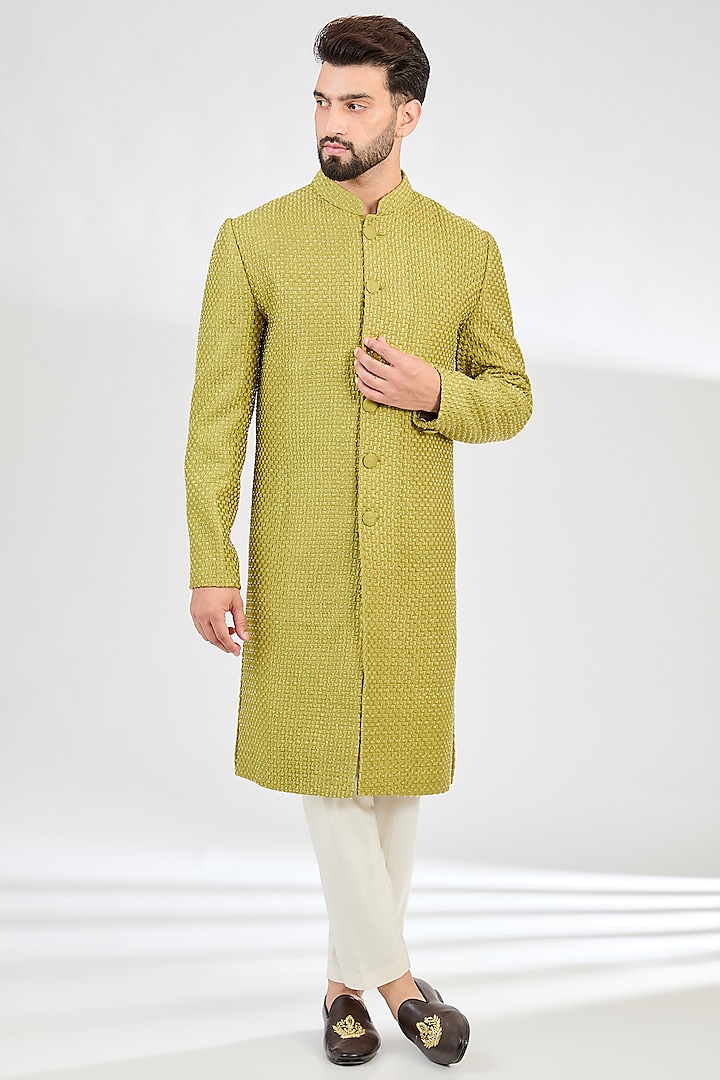 Neon Green Silk Cutdana Embroidered Sherwani by Kasbah Clothing