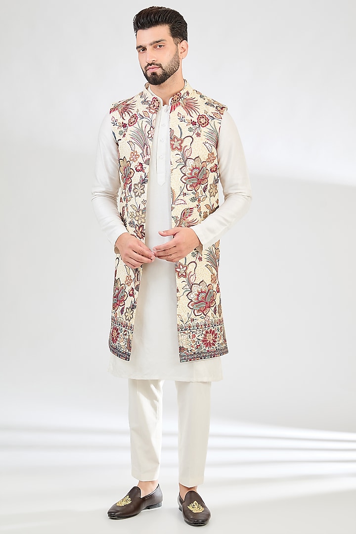 Cream Georgette Patchwork Open Indowestern Jacket by Kasbah Clothing