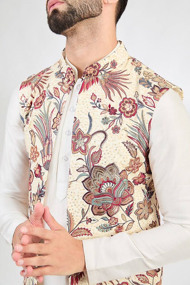 Cream Georgette Patchwork Open Indowestern Jacket by Kasbah Clothing at Pernia's Pop Up Shop