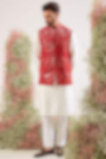 Bright Red Silk Mirror & Floral Embroidered Nehru Jacket by Kasbah Clothing at Pernia's Pop Up Shop