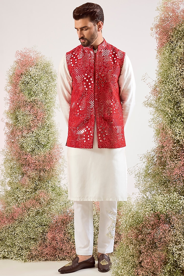 Bright Red Silk Mirror & Floral Embroidered Nehru Jacket by Kasbah Clothing at Pernia's Pop Up Shop
