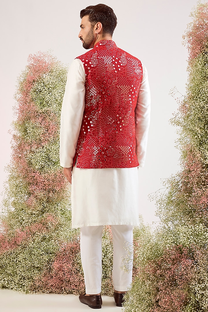 Bright Red Silk Mirror & Floral Embroidered Nehru Jacket by Kasbah Clothing at Pernia's Pop Up Shop