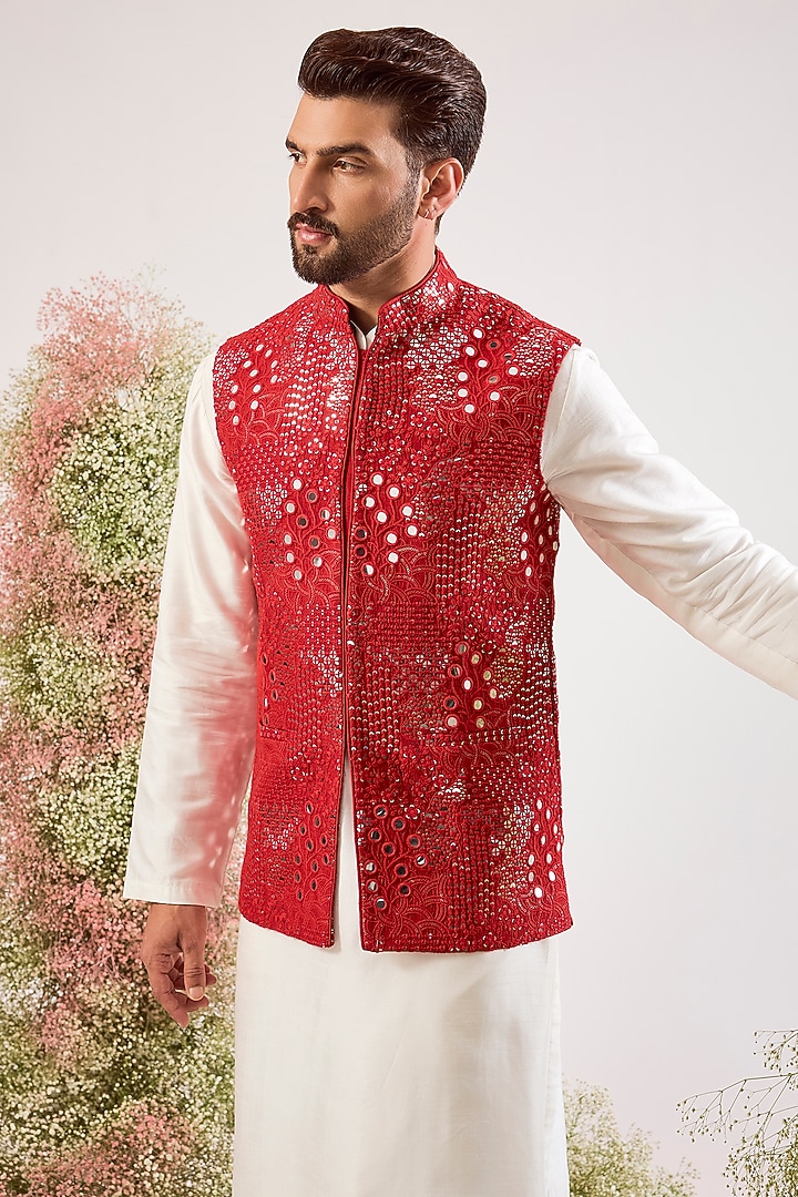 Bright Red Silk Mirror & Floral Embroidered Nehru Jacket by Kasbah Clothing at Pernia's Pop Up Shop