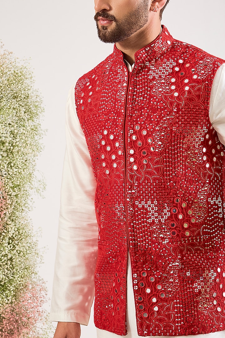 Bright Red Silk Mirror & Floral Embroidered Nehru Jacket by Kasbah Clothing at Pernia's Pop Up Shop