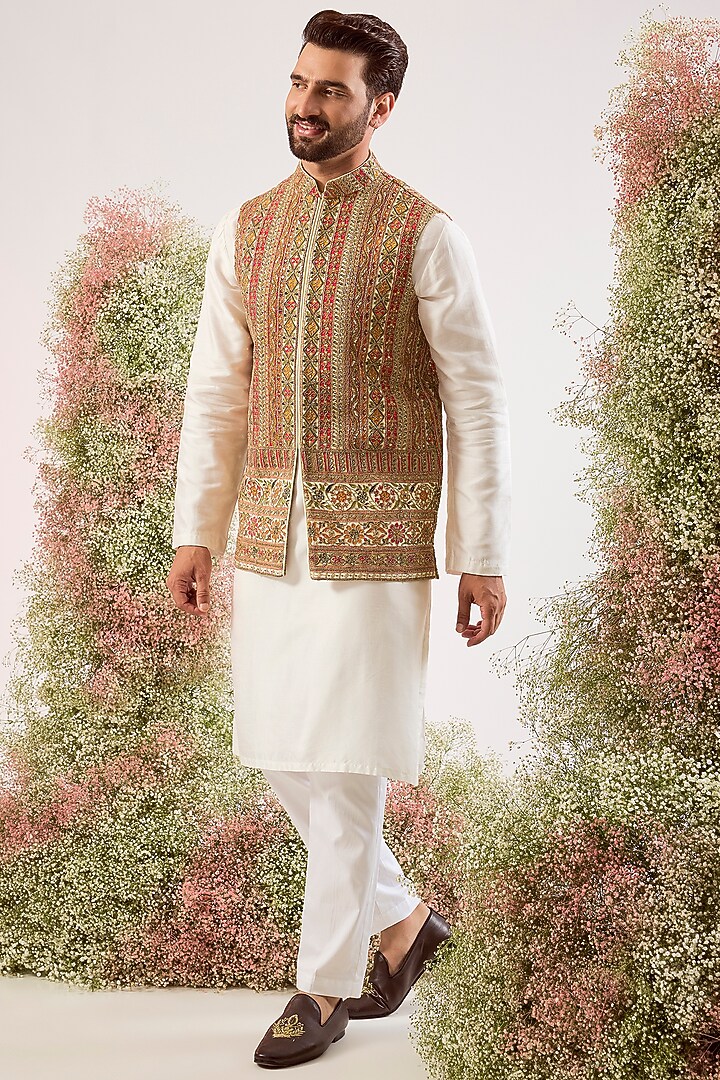 Multi-Colored Georgette Zari & Sequin Work Nehru Jacket by Kasbah Clothing at Pernia's Pop Up Shop