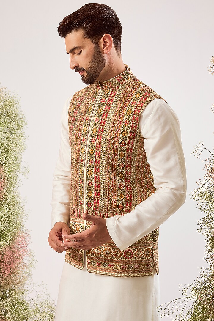 Multi-Colored Georgette Zari & Sequin Work Nehru Jacket by Kasbah Clothing at Pernia's Pop Up Shop