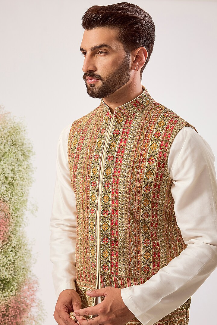 Multi-Colored Georgette Zari & Sequin Work Nehru Jacket by Kasbah Clothing at Pernia's Pop Up Shop