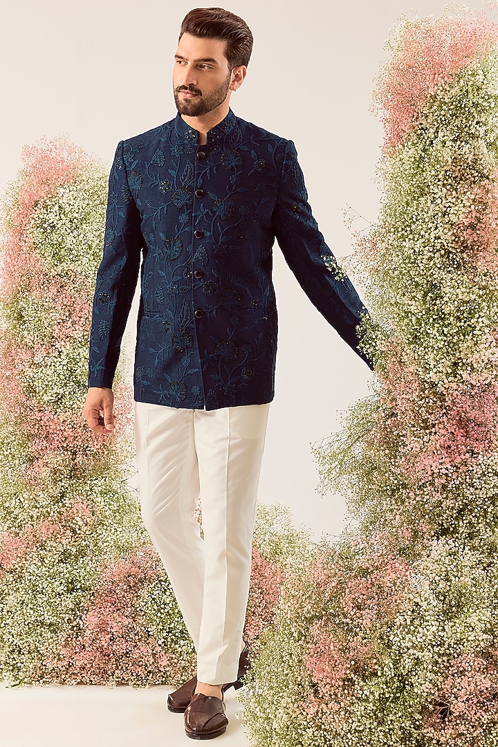 Navy Blue Silk Cutdana & Floral Embroidered Wedding Bandhgala by Kasbah Clothing at Pernia's Pop Up Shop