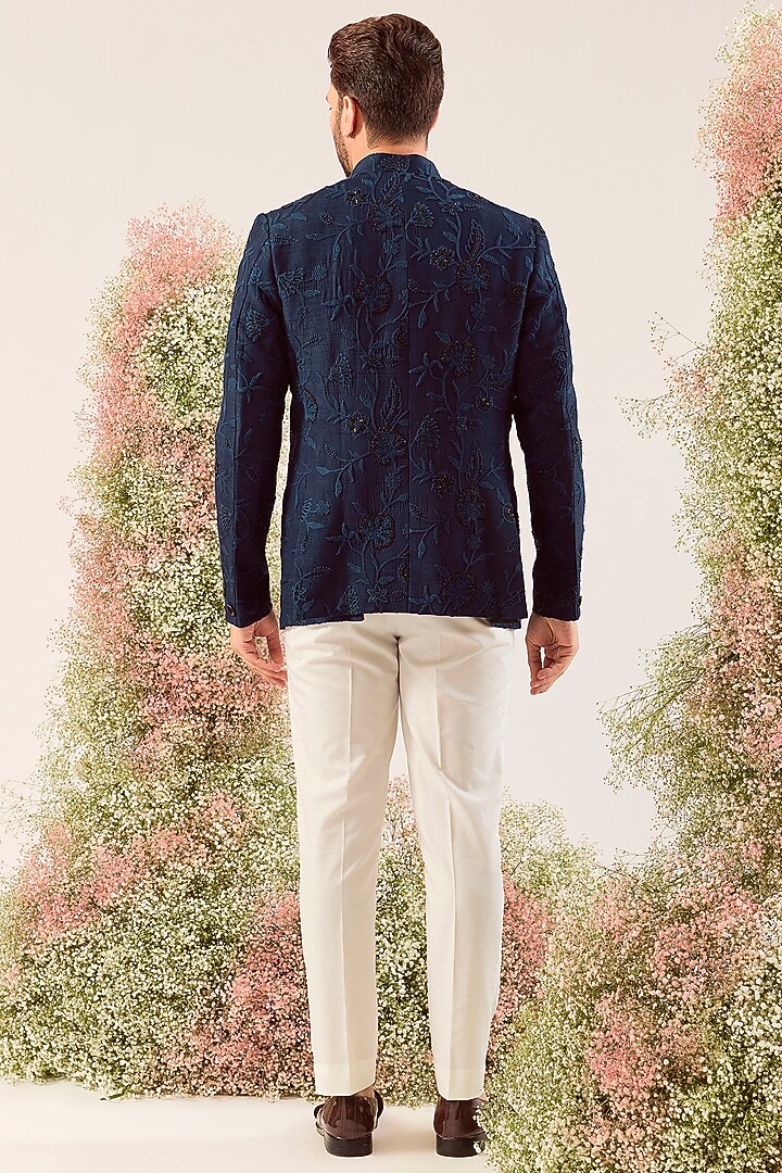 Navy Blue Silk Cutdana & Floral Embroidered Wedding Bandhgala by Kasbah Clothing at Pernia's Pop Up Shop