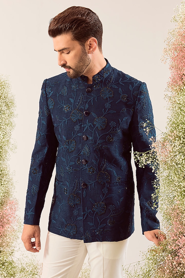 Navy Blue Silk Cutdana & Floral Embroidered Wedding Bandhgala by Kasbah Clothing at Pernia's Pop Up Shop